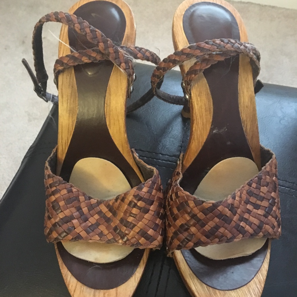 The Wild Pair Brown and Tan Woven Wood Stud Heels